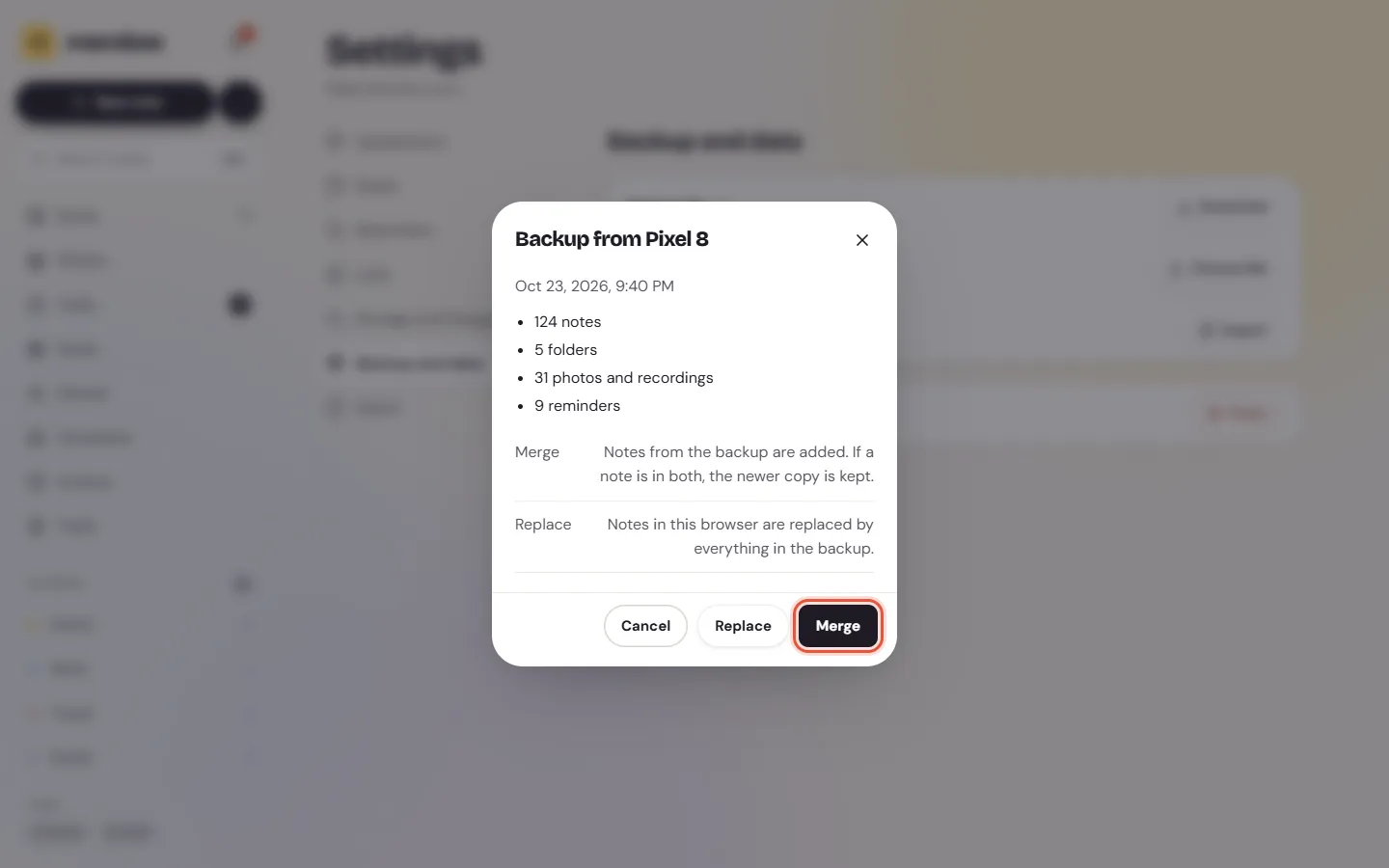 Restoring on the web: Backup from Pixel 8, with its counts of notes, folders, photos and reminders, and the Merge and Replace buttons