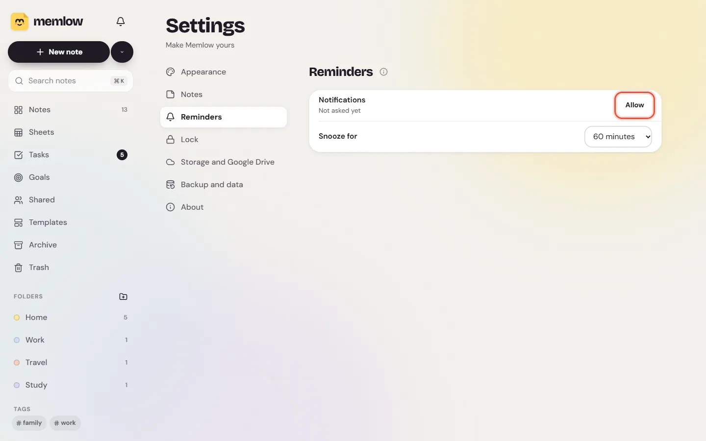 Settings, Reminders on the web, with the Notifications row showing Not asked yet and an Allow button