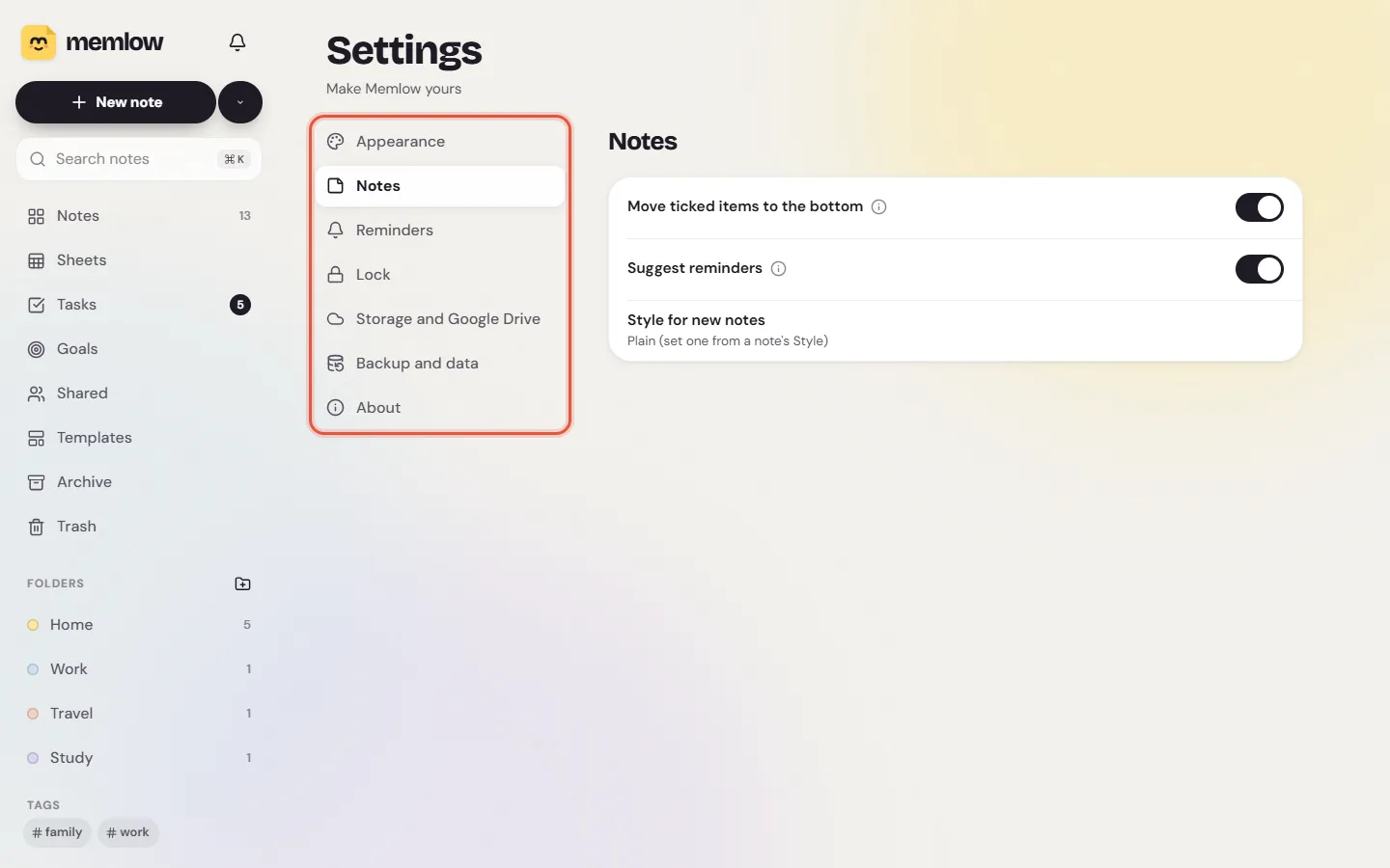 Settings on the web on a computer: the seven sections on the left, Notes open on the right