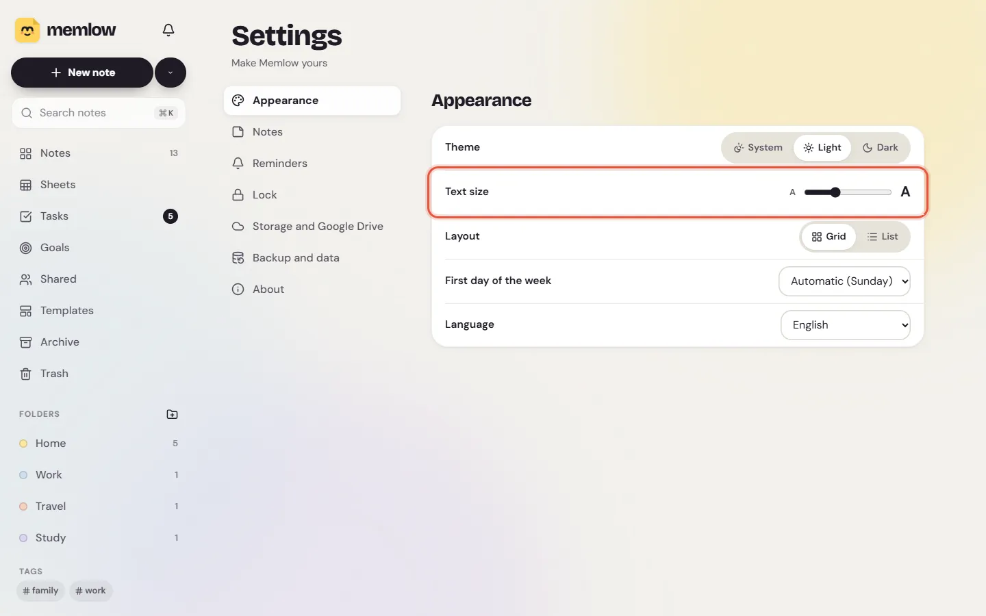 Memlow's Settings on the web, Appearance, with the Text size slider
