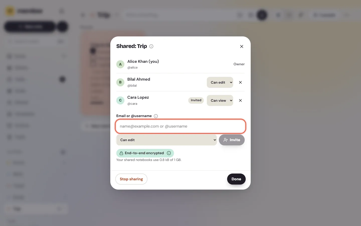 The Share this folder sheet on the web, with two people in the notebook and the invite field