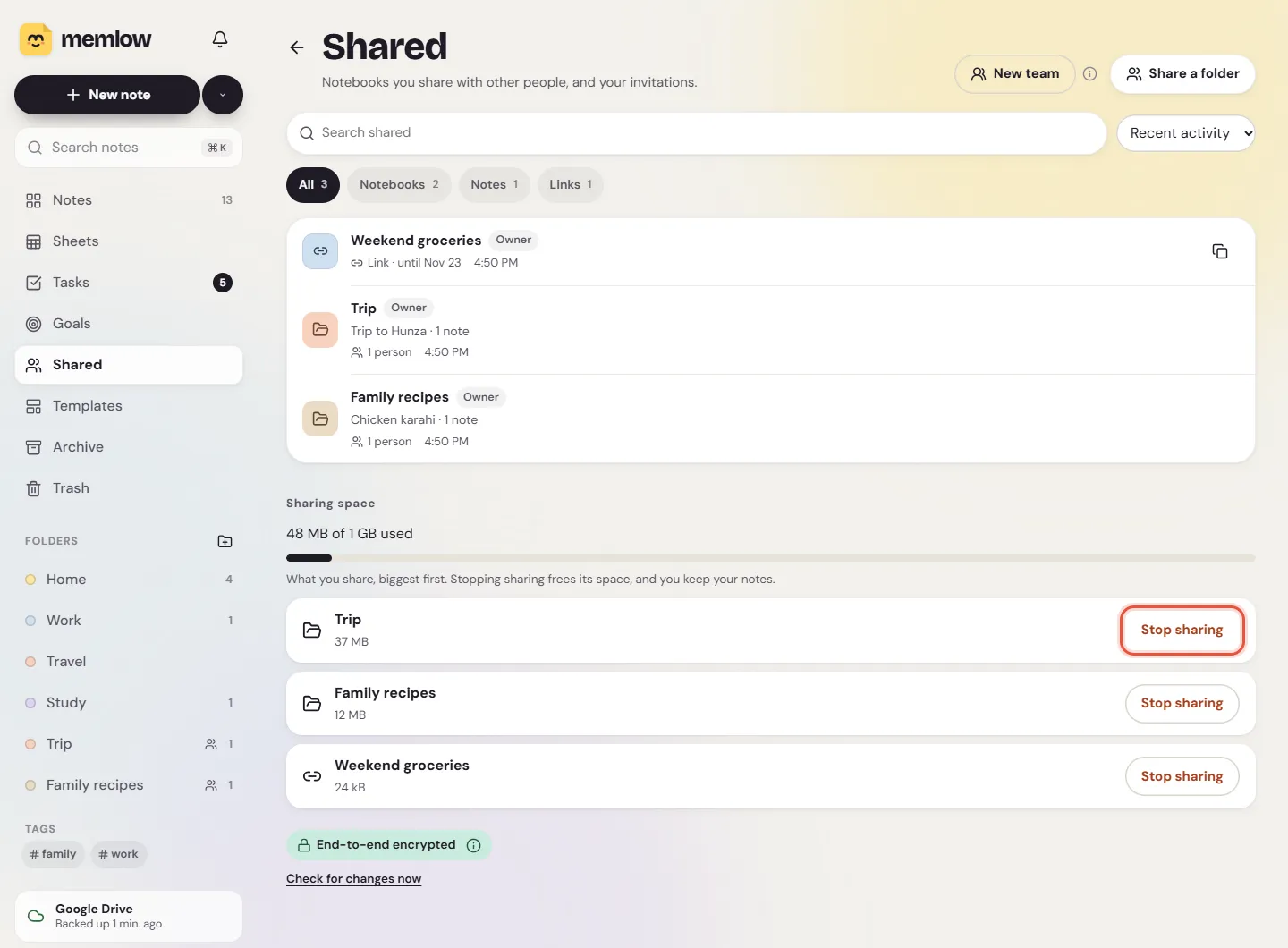 The Free up space list on the web, with shared notebooks biggest first and a Stop sharing button on each