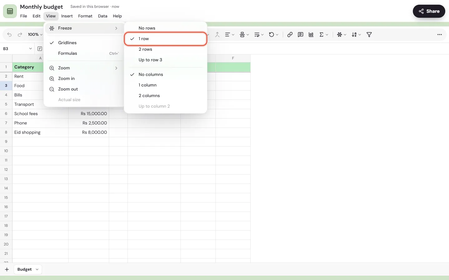 The View menu of a Monthly budget sheet on the web, with Freeze open and 1 row ticked