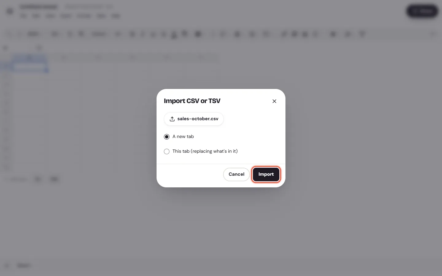 The Import CSV or TSV dialog on the web, a file called sales-october.csv chosen and A new tab selected