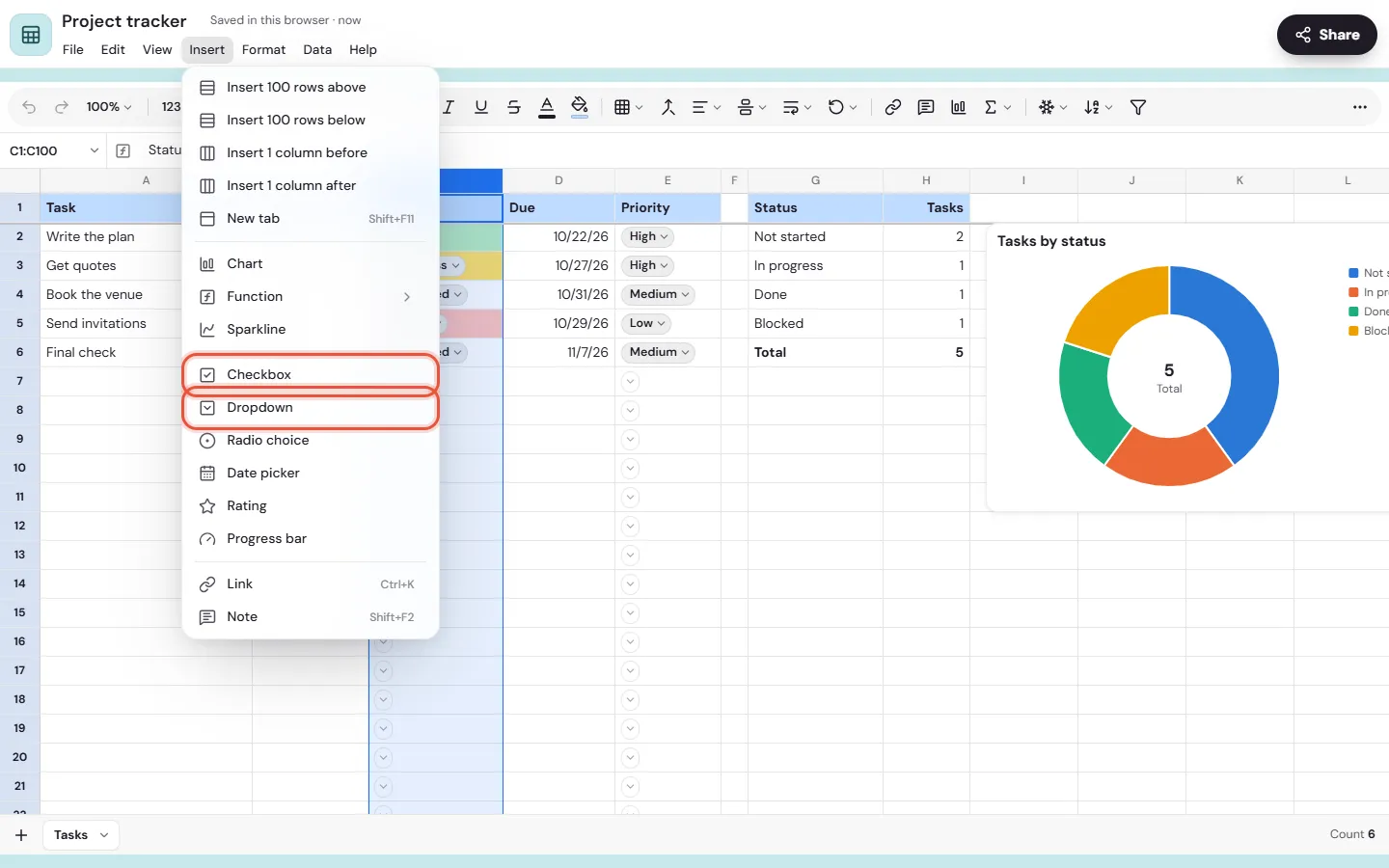 The Insert menu of a sheet on the web, open on Checkbox, Dropdown, Radio choice, Date picker, Rating and Progress bar