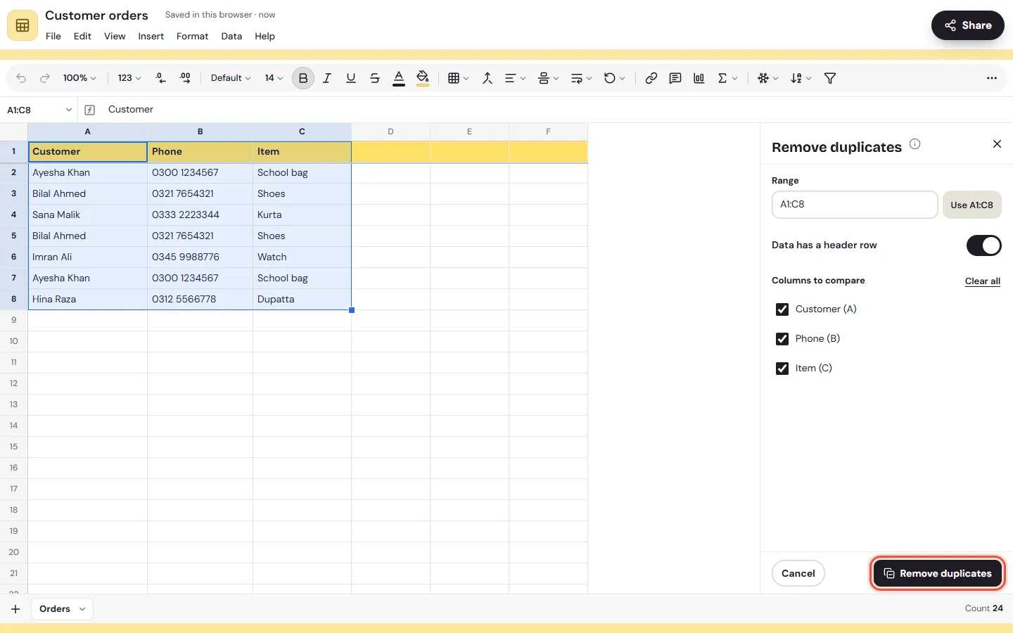 Remove duplicates on the web: a customer list with two names typed twice, and the panel with all three columns ticked