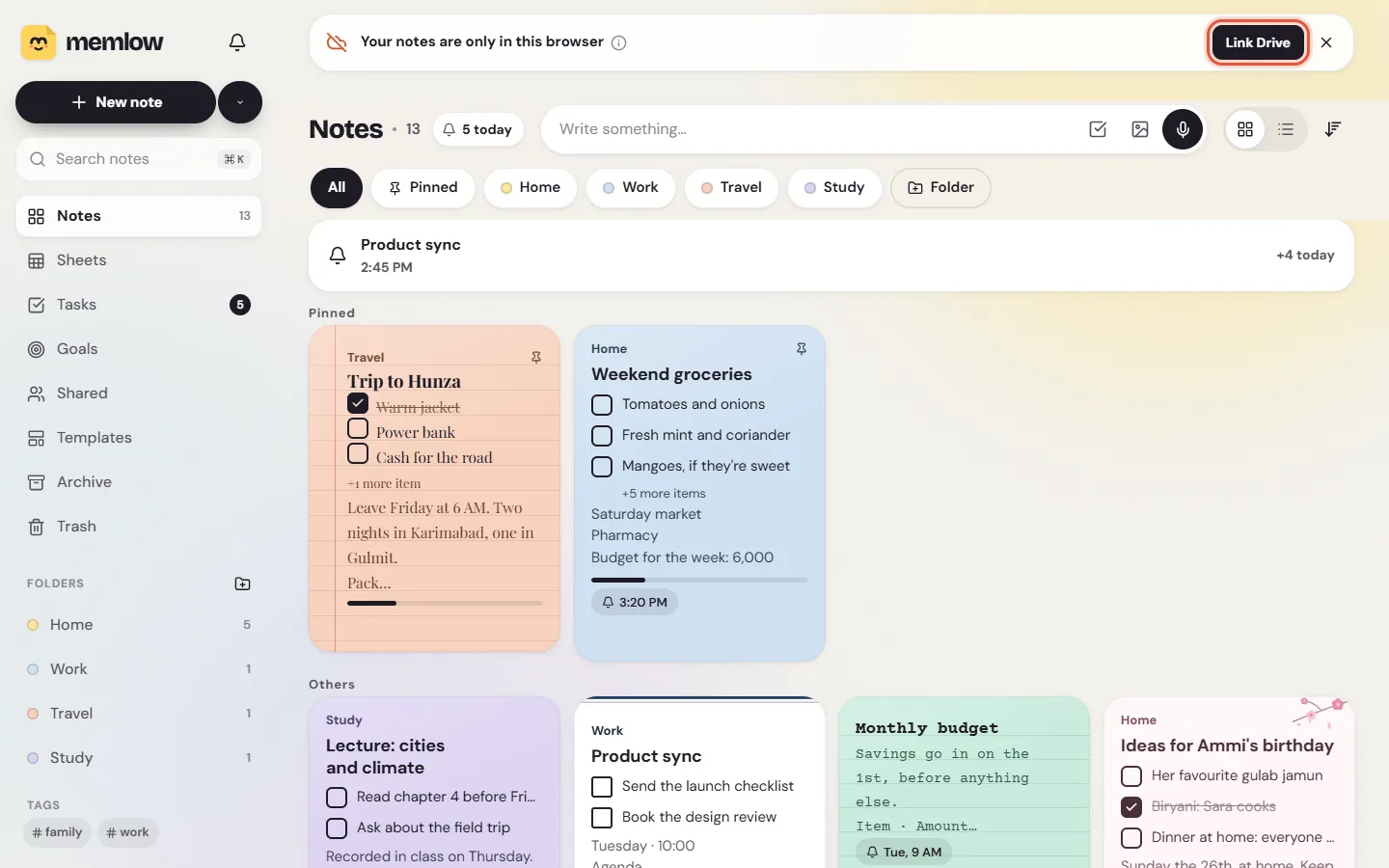 The notes list on the web with the Your notes are only in this browser banner and its Link Drive button