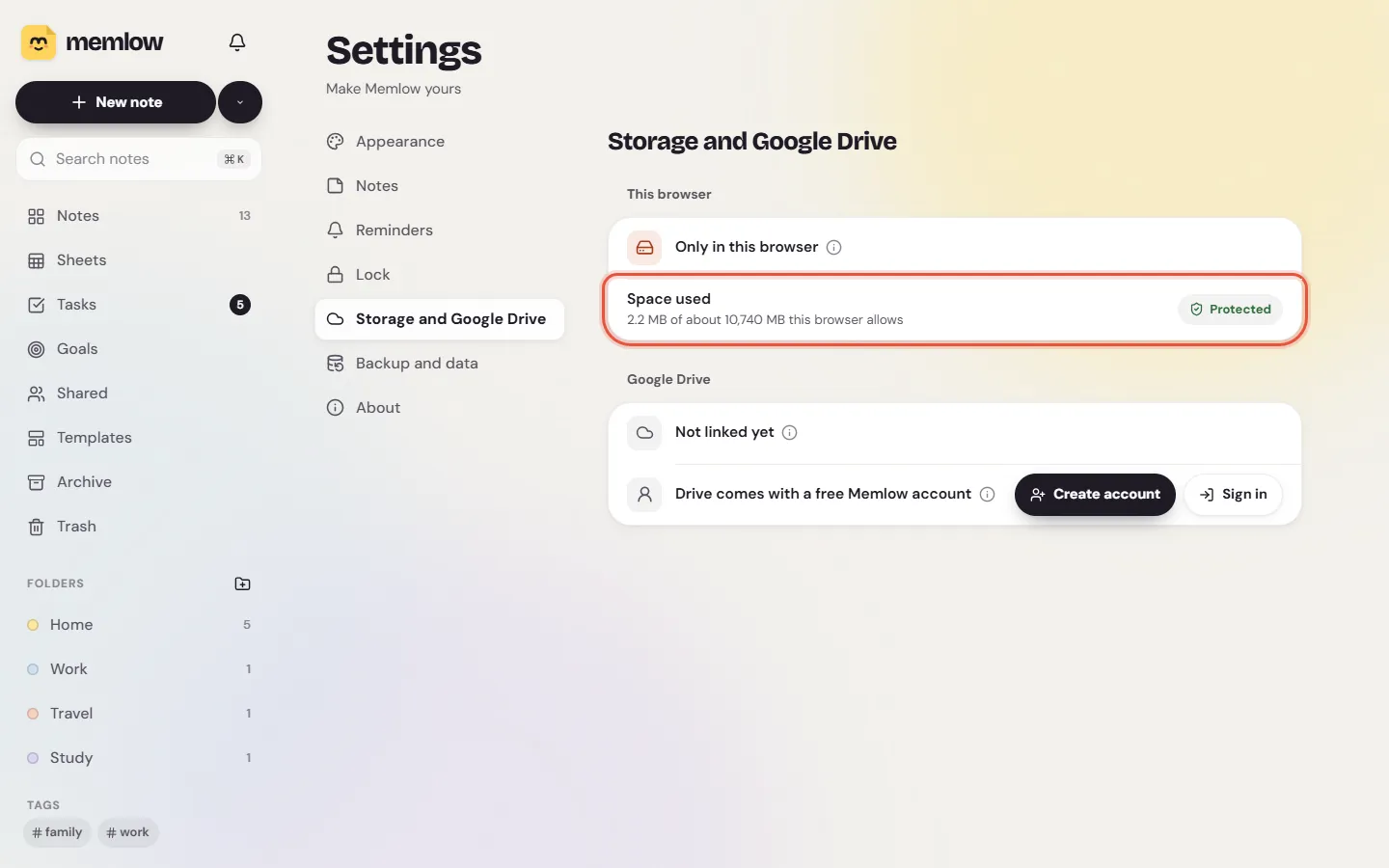 Settings, Storage and Google Drive on the web, with the Space used row and Protect storage