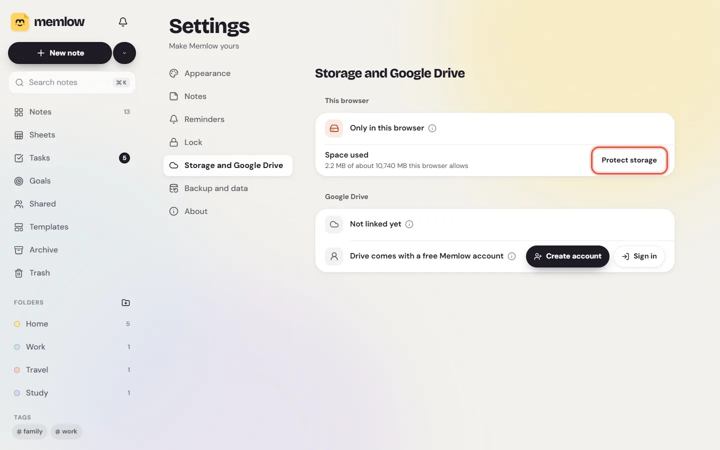 Settings, Storage and Google Drive, with the This browser panel, Space used and a Protect storage button