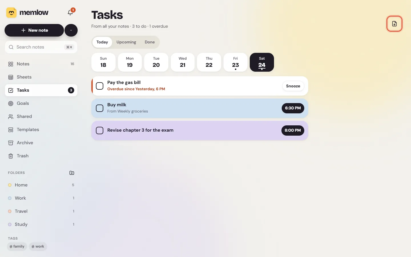 Tasks on the web on a computer, Today with the week strip and the Export as PDF button