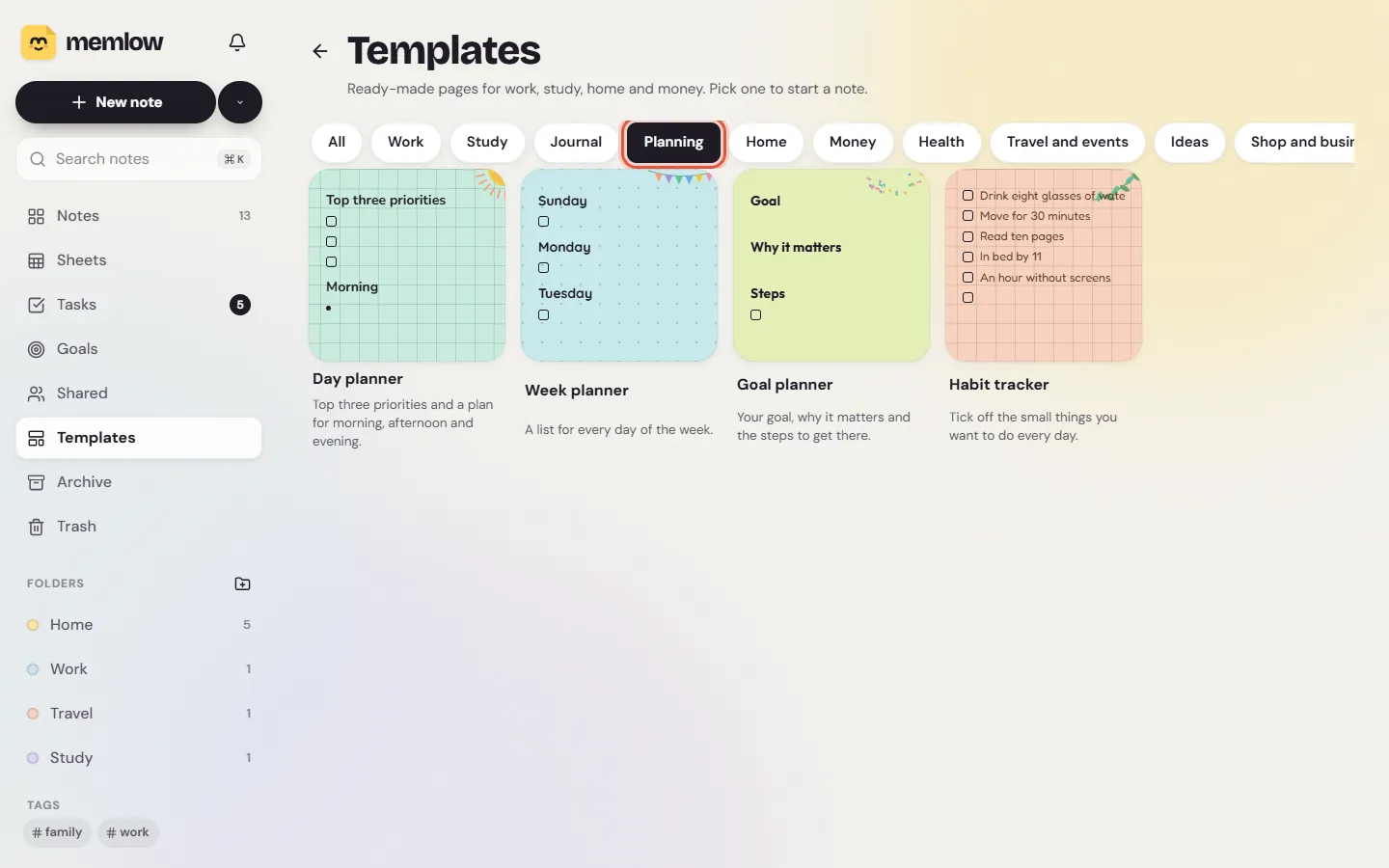 The Templates gallery on the web, with the group chips at the top and the Planning templates showing