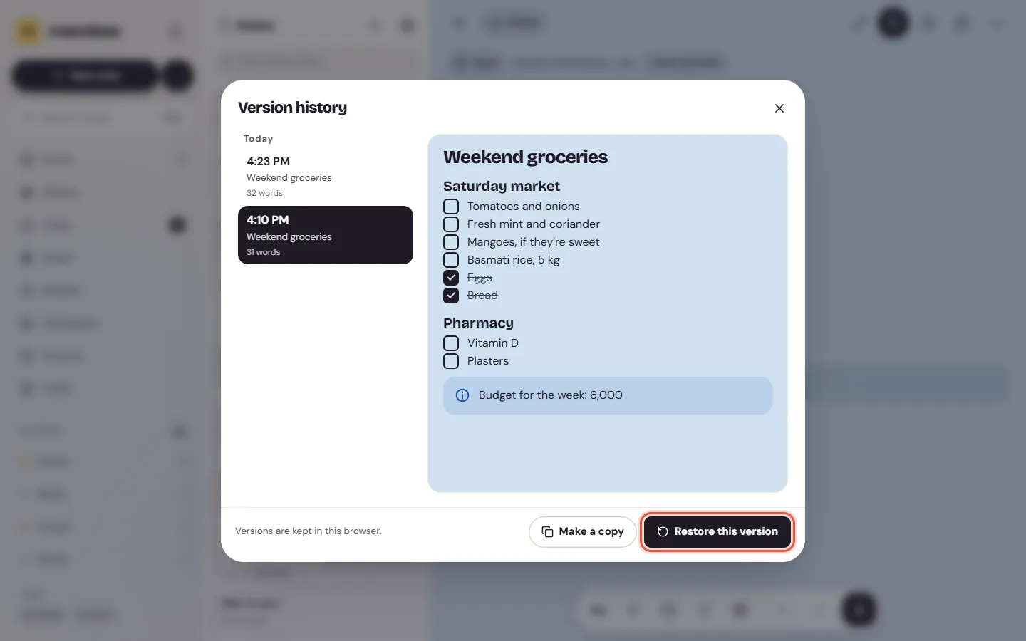 Version history on the web for the Weekend groceries note, with earlier versions listed by time and one open on the right