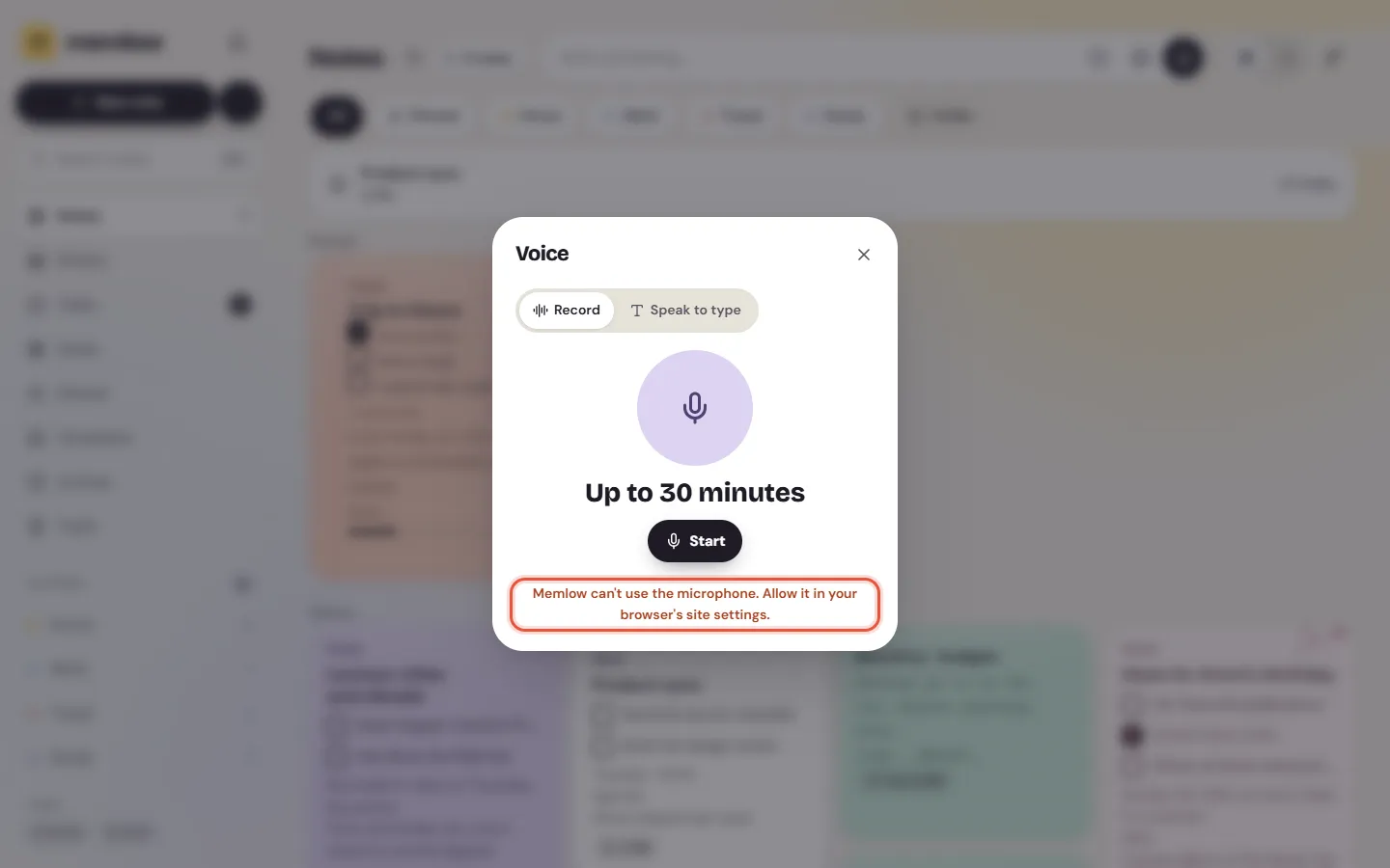 The Voice sheet on the web with the error Memlow can't use the microphone
