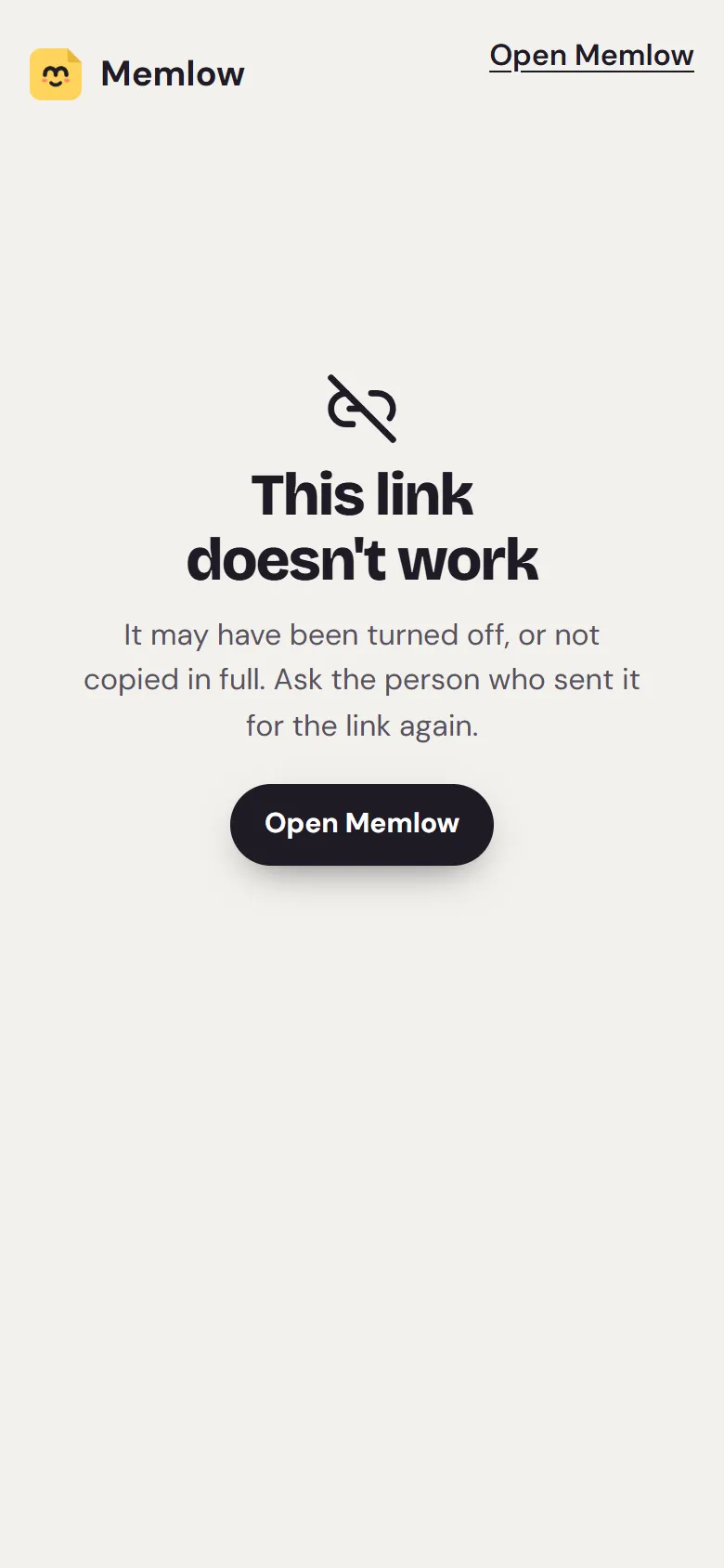 The link page on the web saying This link doesn't work, with an Open Memlow button