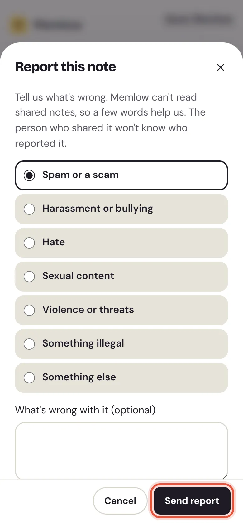 A shared note opened from a link, with the Report this note sheet open and its reasons listed