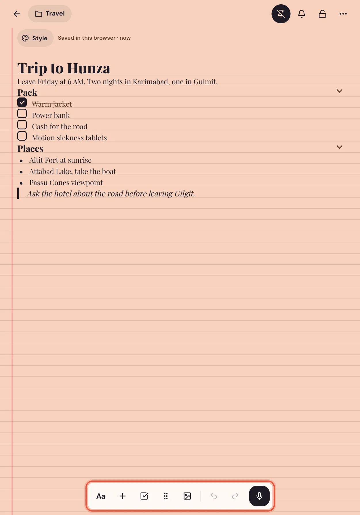 The note toolbar on the web, along the bottom of a note on a tablet