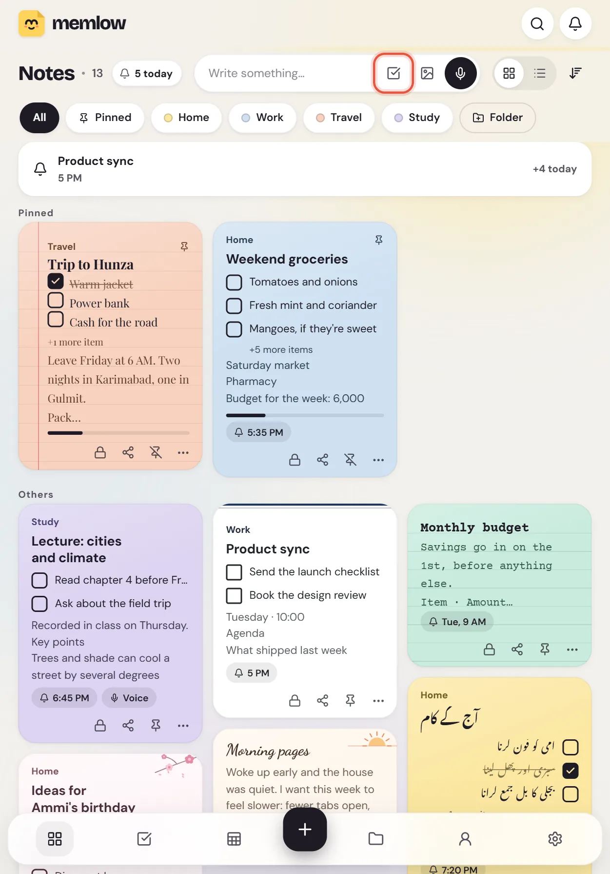 Home on the web on a tablet: the checklist button in the Write something box, and notes as cards with their checklist items