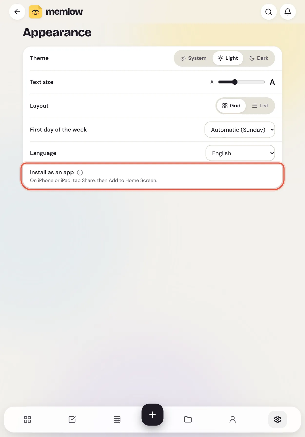 Settings, then Appearance, at iPad size: Install as an app says to tap Share, then Add to Home Screen