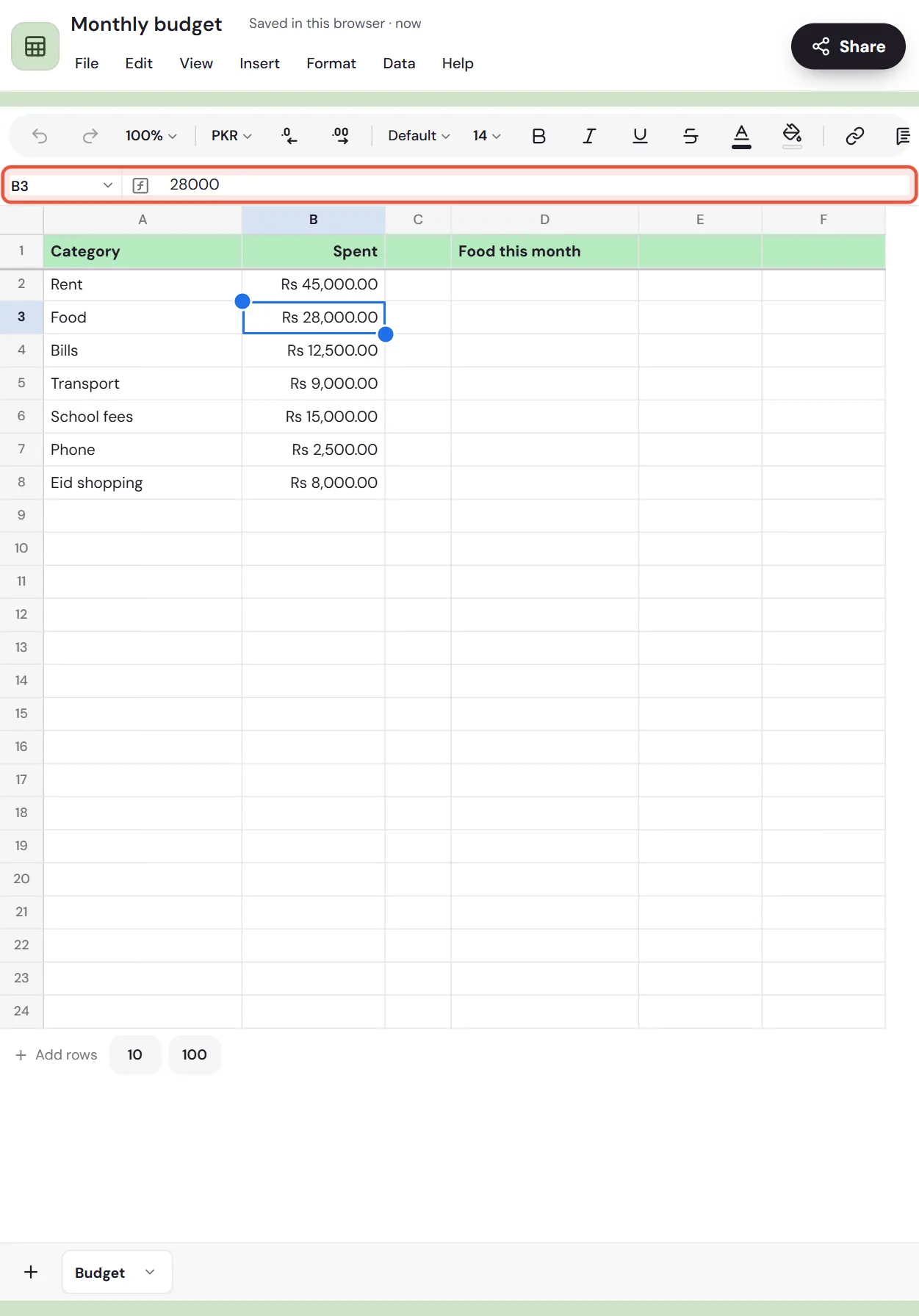 A Monthly budget sheet on the web on a tablet: the menus under its name, the toolbar, the formula bar and the Budget tab