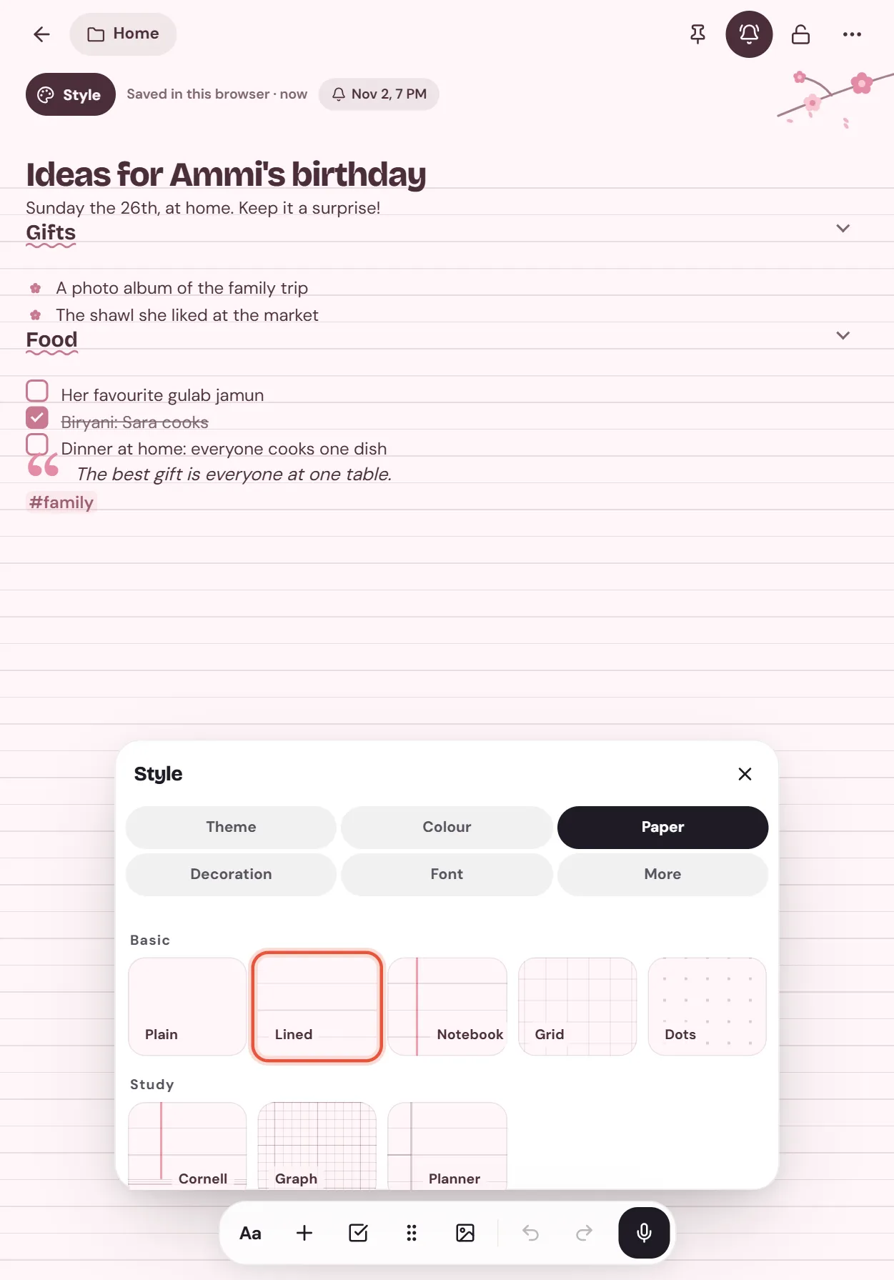 Lined paper chosen on the Paper tab of Style, for a birthday note on the web on a tablet
