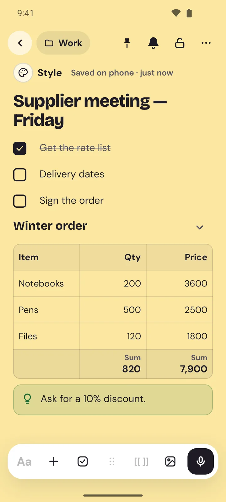 A Memlow note with a checklist, a table that adds up and a tip
