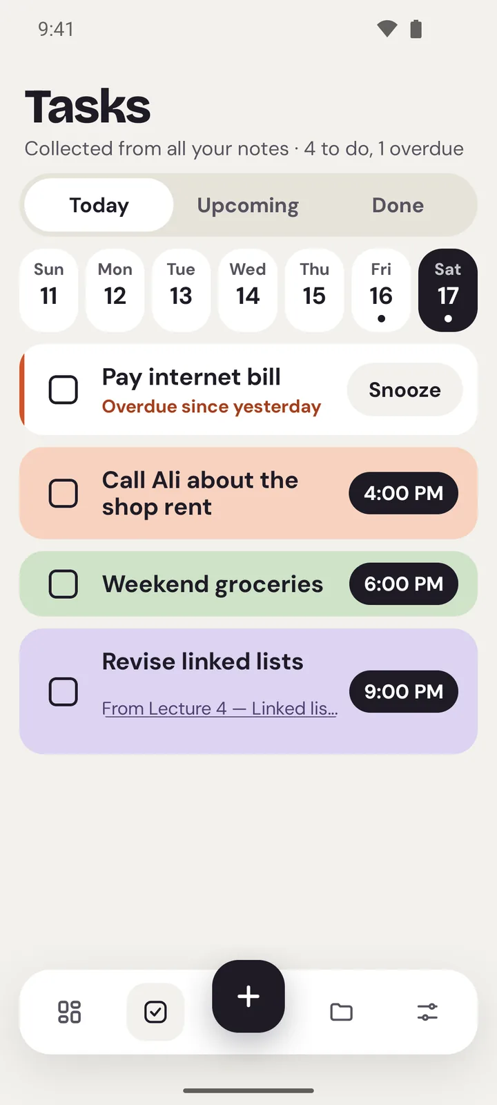 The Tasks screen in the Android app with today's reminders