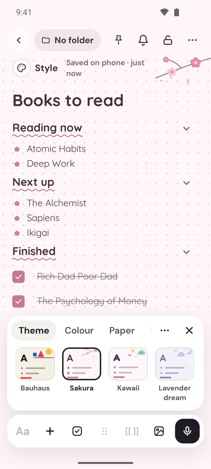 A note in the Sakura theme with the theme picker open: Bauhaus, Sakura, Kawaii, Lavender dream