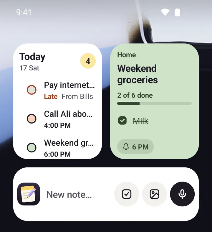 Memlow widgets on a home screen: Today's tasks, a groceries checklist and the quick note bar