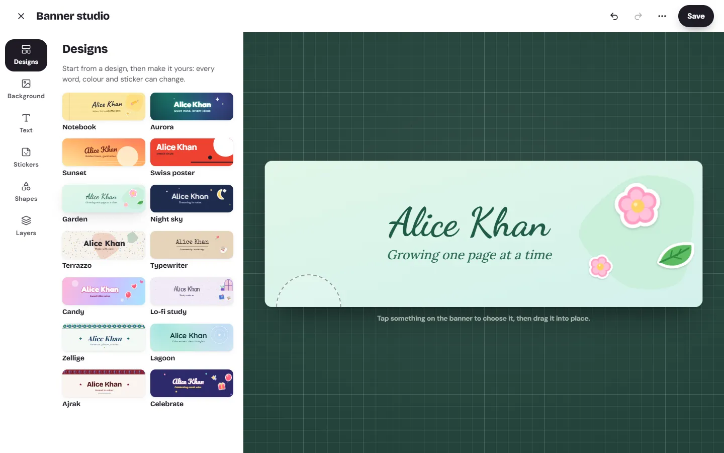 Memlow's banner studio: the 14 ready-made designs on the left and a Garden banner with the name Alice Khan on the right