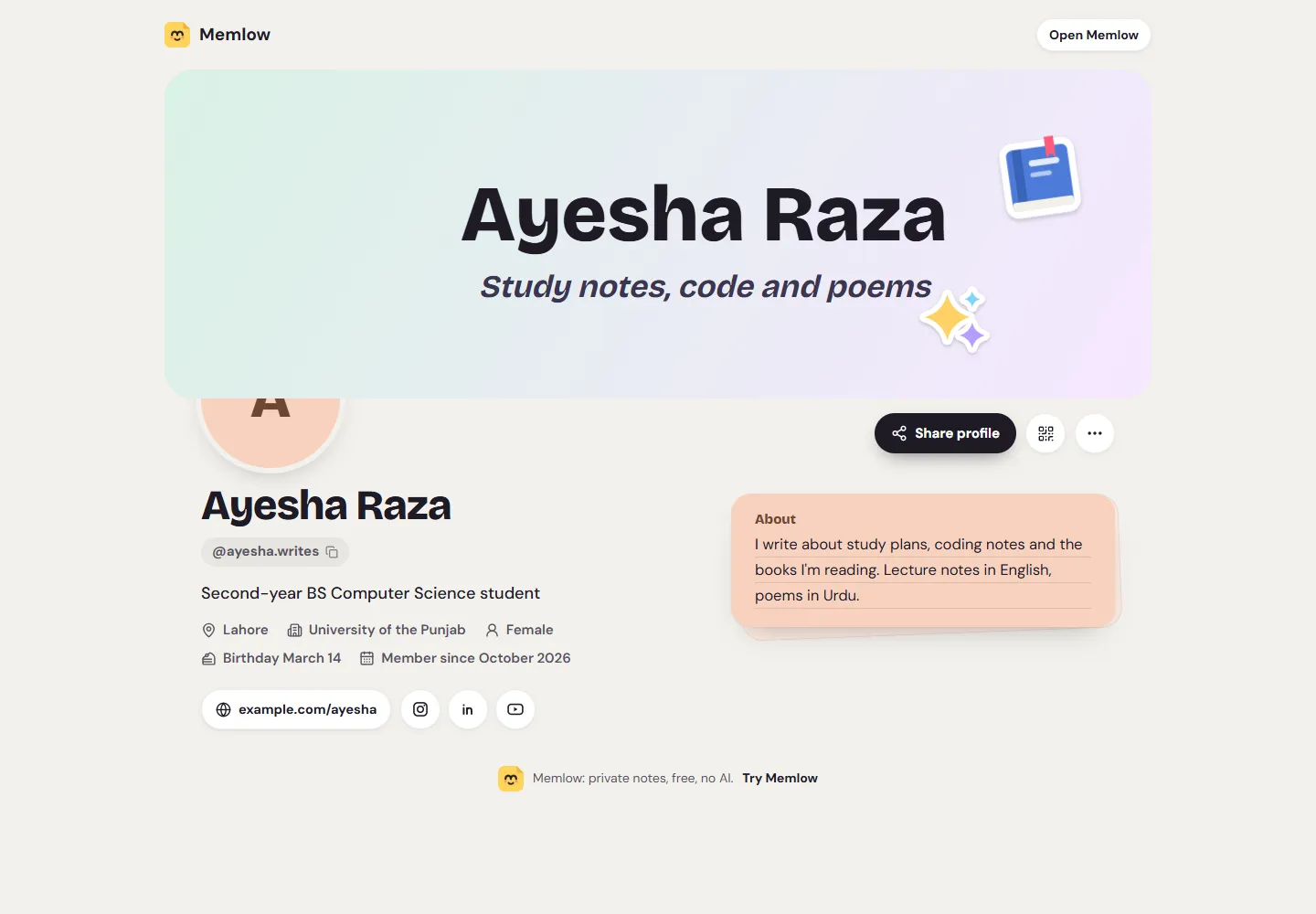A student's public Memlow profile: a banner with her name, her headline, Lahore, her university, a birthday, her website and Instagram, LinkedIn and YouTube buttons