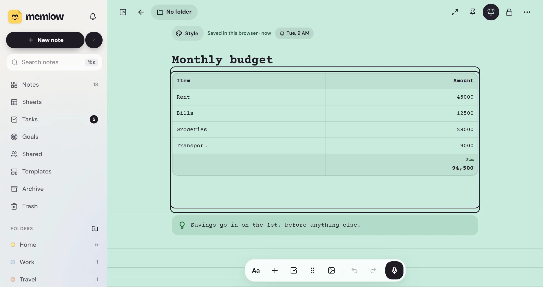 A monthly budget note in Memlow with income, fixed costs and spending