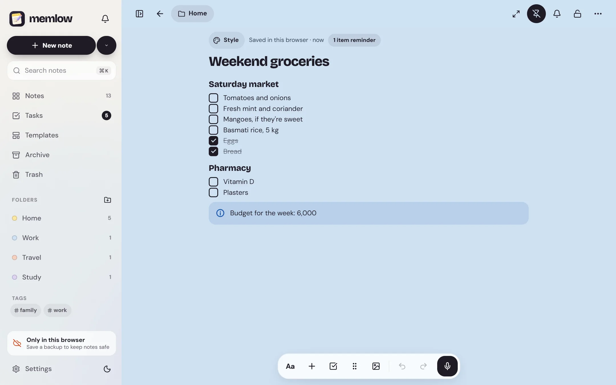 A weekend groceries list in Memlow, the kind of list a family shares, with ticked items