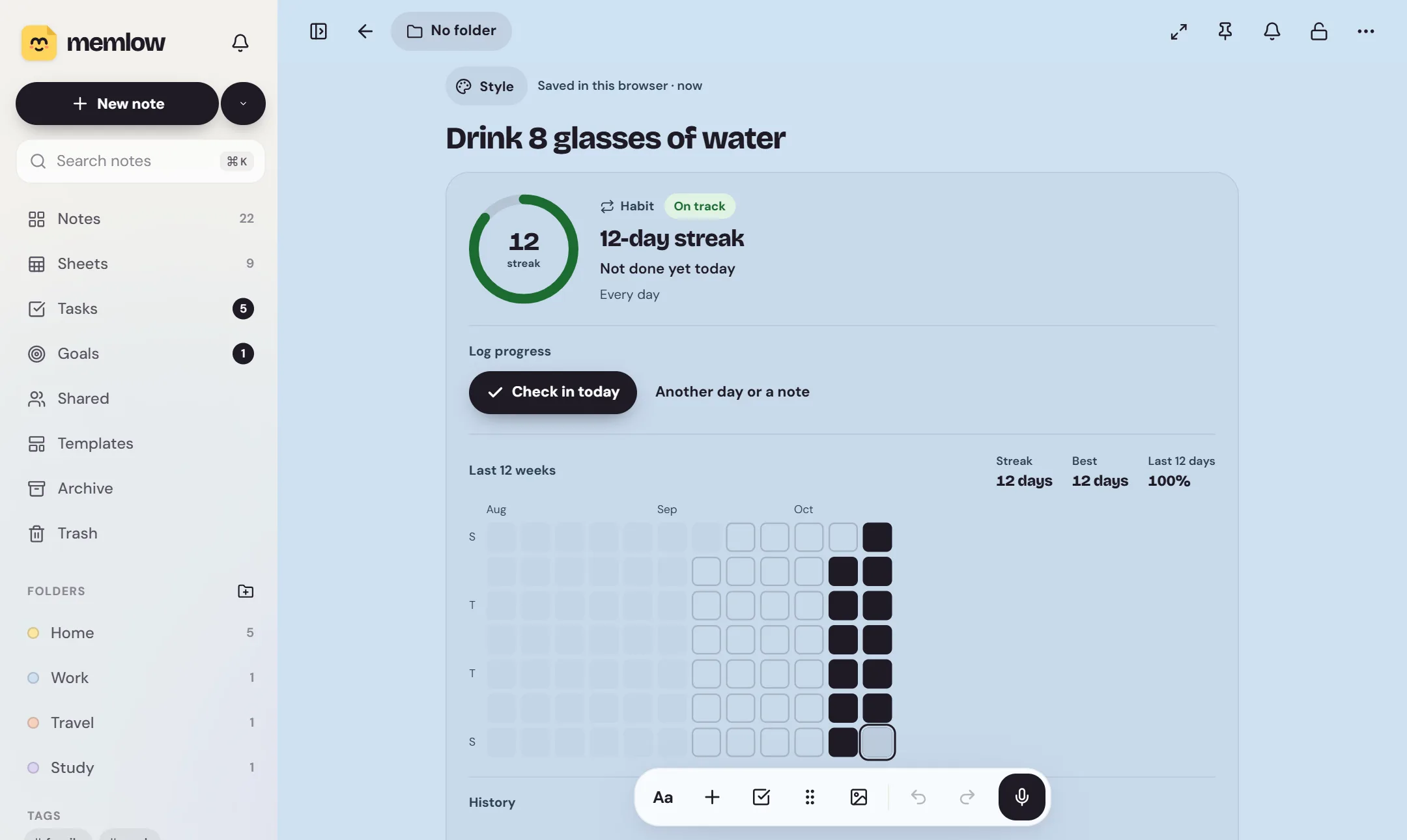 A habit goal's page in Memlow: the ring, the streak and a 12-week calendar of check-ins
