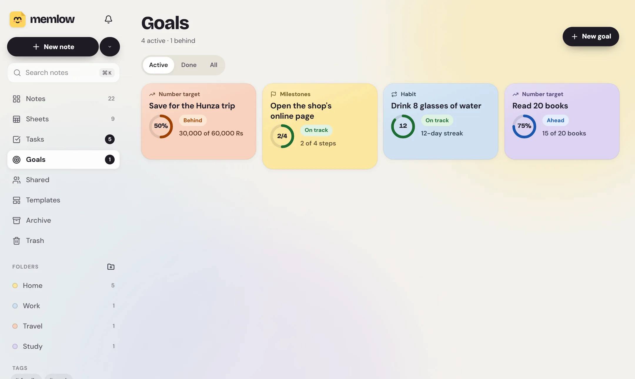 Memlow's Goals screen: a daily habit with its streak, a reading goal and a project's milestones, each marked ahead, on track or behind