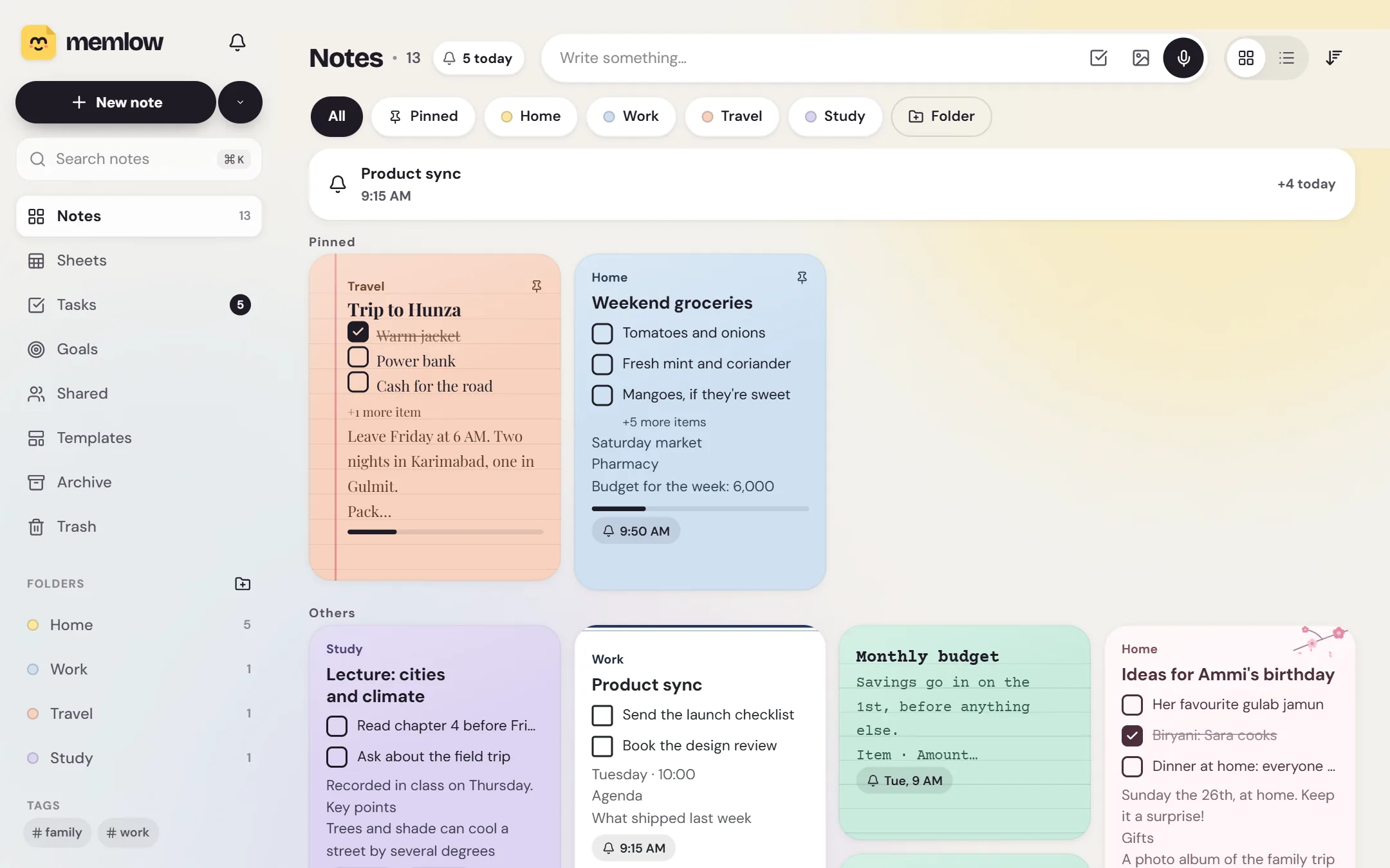 Memlow's notes: colourful cards with checklists, reminders and folders