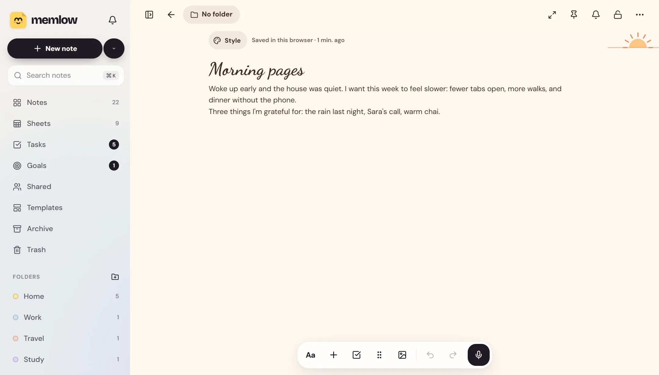 A journal entry in Memlow's Morning pages theme