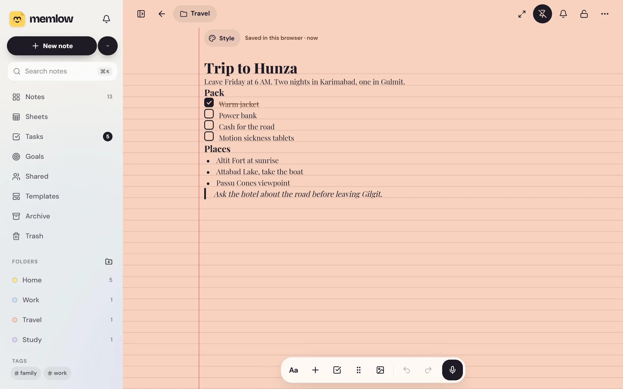 A Memlow note in the browser: a trip plan on notebook paper with a packing checklist
