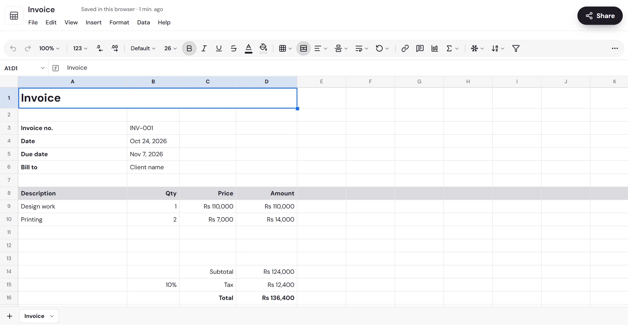 The invoice template in Memlow Sheets: invoice number, dates, bill to, items with quantity and price, subtotal, tax and total