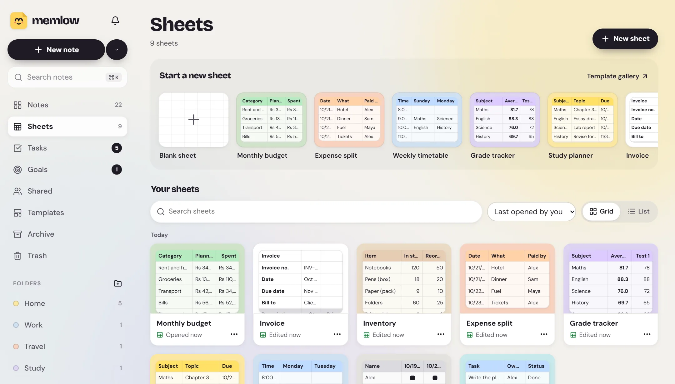 Memlow Sheets: Start a new sheet with the templates in a row, and your sheets below