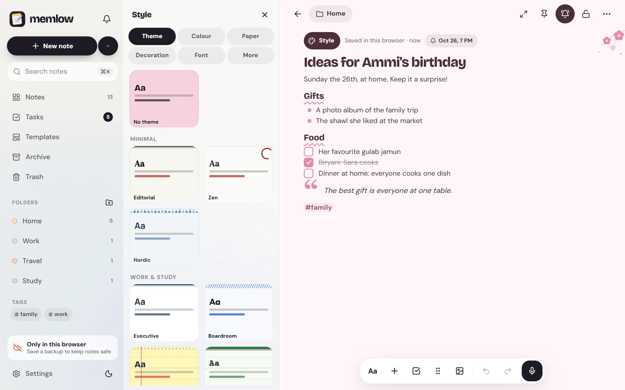 Memlow's Style panel beside a themed note