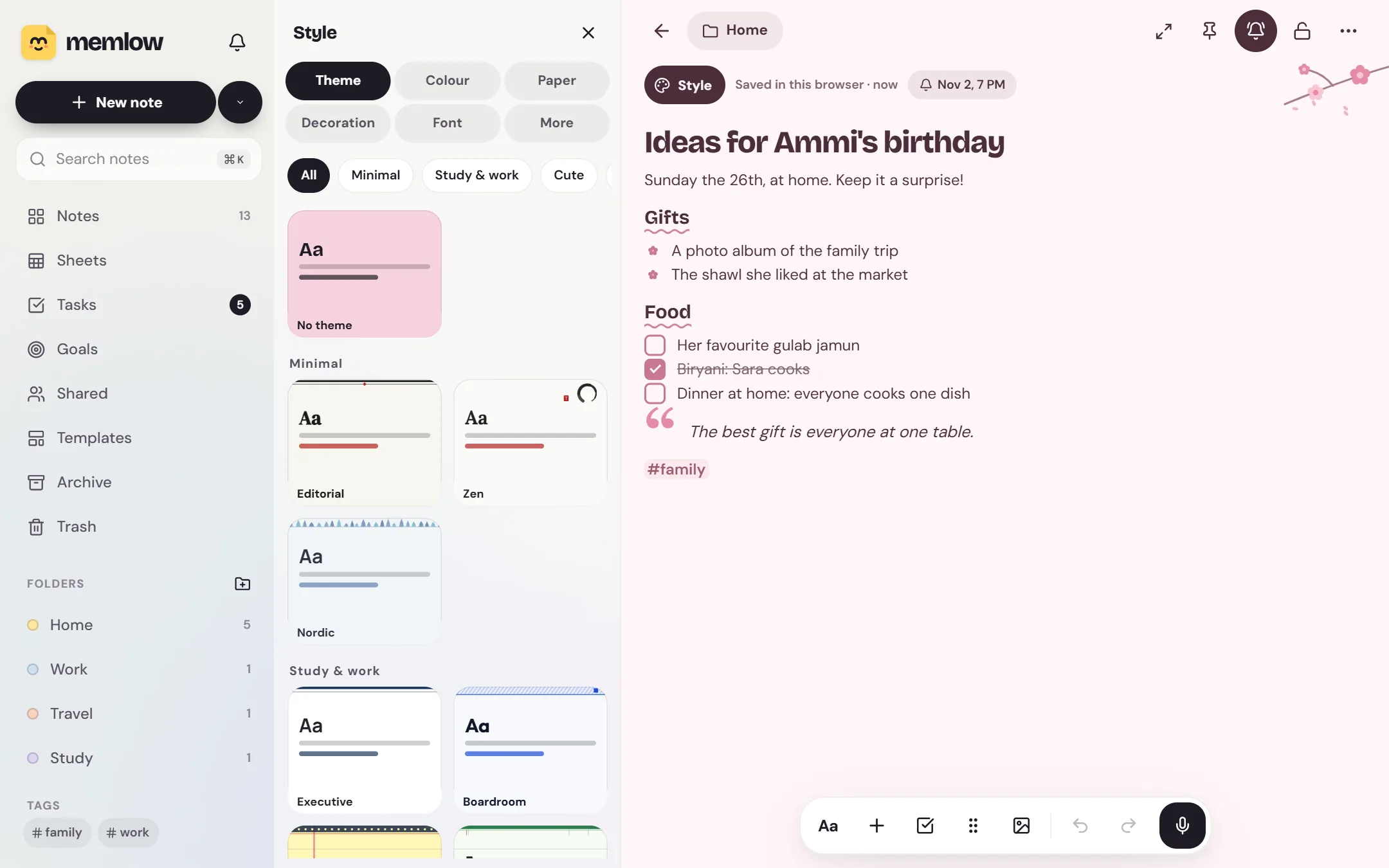Memlow's Style panel beside a themed note