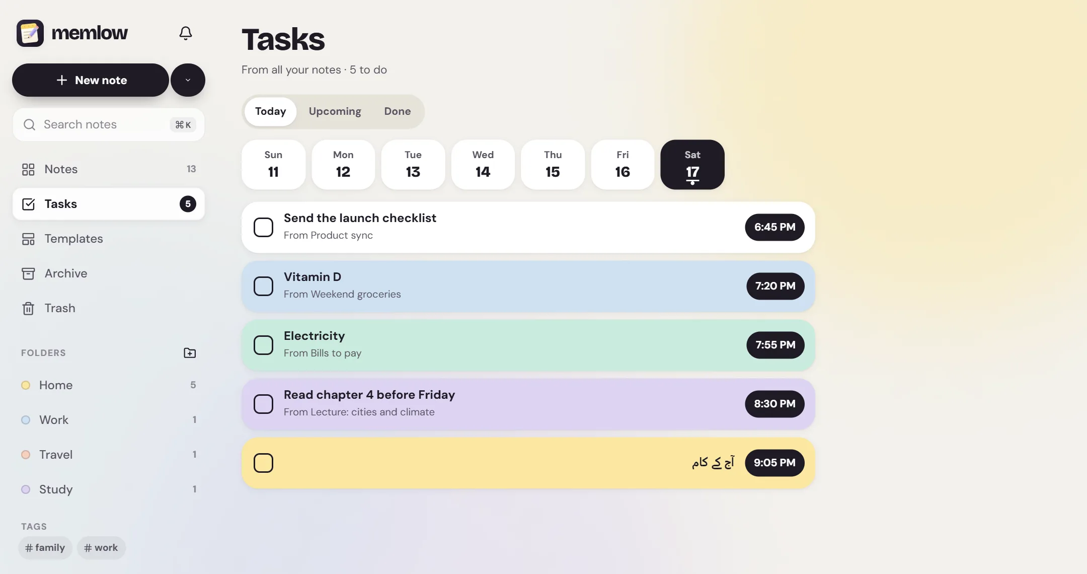 Memlow's Tasks screen with today's tasks, each from a different note