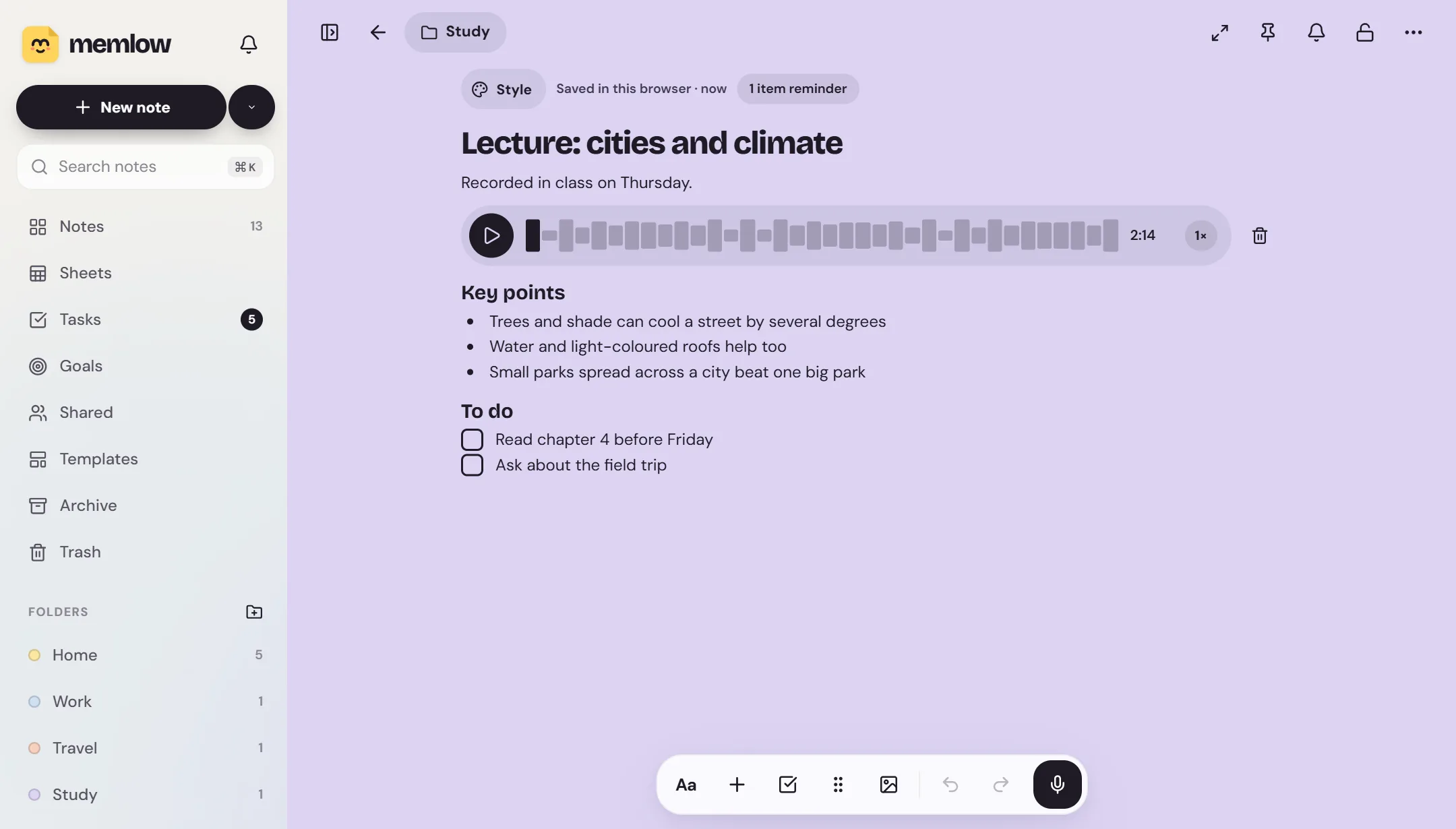 A lecture note in Memlow with a voice recording, key points and a to-do